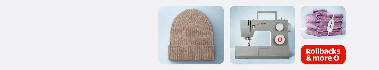 A taupe beanie and a sewing machine.