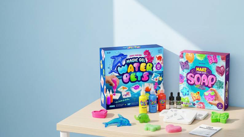 View various arts and crafts supplies as well as kits including Magic Gel Water Pets and Make Soap. From nine dollars and ninety-nine cents.