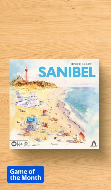 Game of the month badge. Sanibel boardgame with seaside scene illustration.