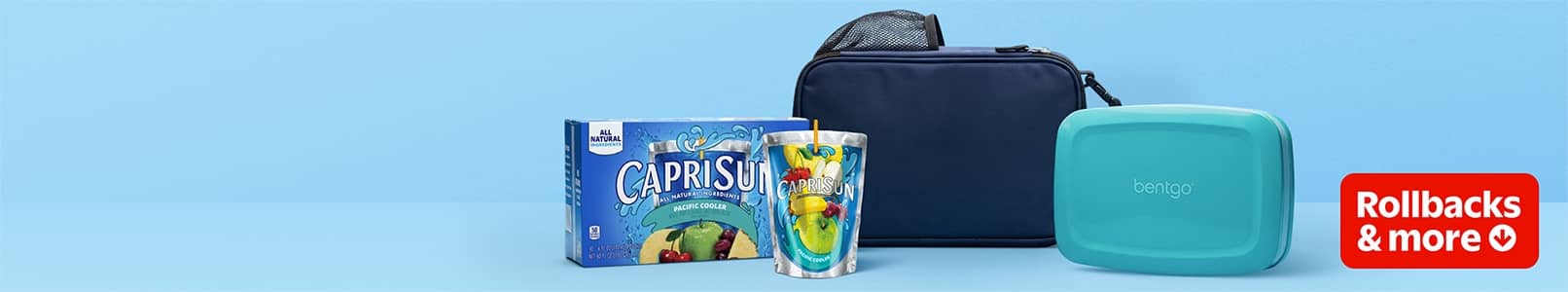 A lunchbox, Capri-Sun box, and a Rollbacks & more badge.