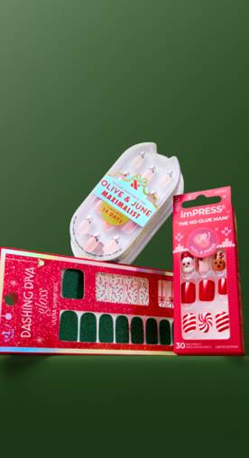 Three packs of holiday-themed press-on nails in red, green, and candy cane designs are arranged on a dark green background.