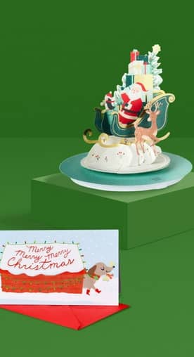 Image shows two Christmas cards. One is a pop-up card of Santa and his sleigh and the other is a card with a dog on the front.