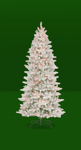 Image shows a white Puleo International pre-lit slim flocked Fraser Fir Christmas tree with multi-color lights on a green background.