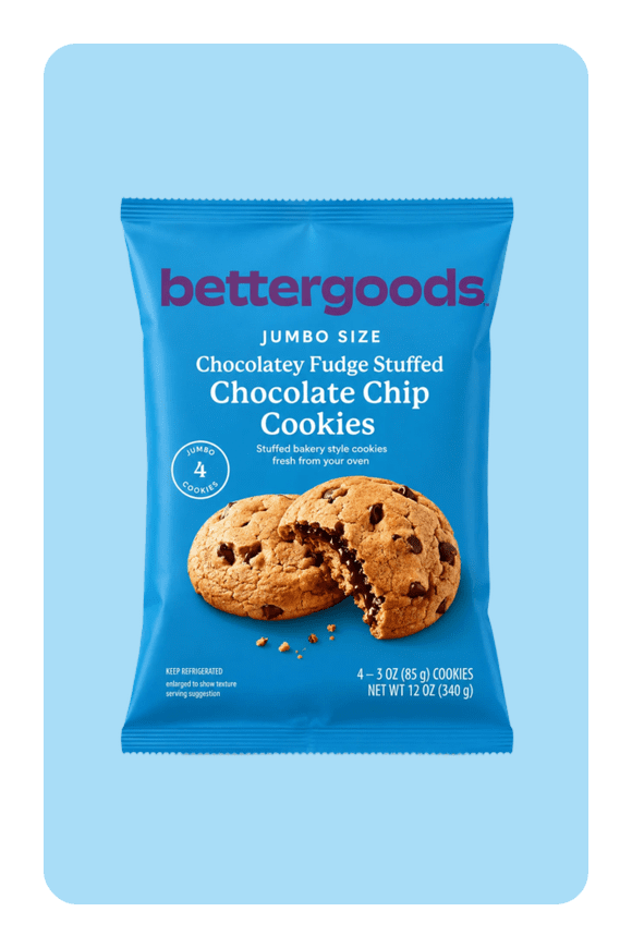 Image shows bettergoods Jumbo Chocolatey Fudge Stuffed Chocolate Chip Cookies, 3 oz, 4 Count