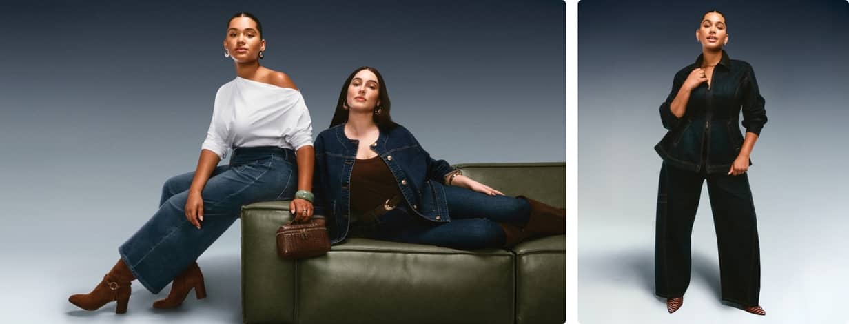 Young women wearing an off-the-shoulder top, dark wash denim peplum jacket and wide-leg jeans with brown suede boots and leather bag.