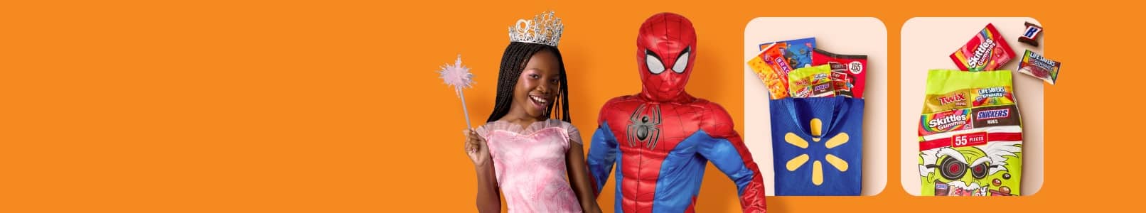 Kids dressed as Spiderman and Glinda from Wicked are seen. Images of a value pack of candy and a Walmart tote with packs of candy are shown.