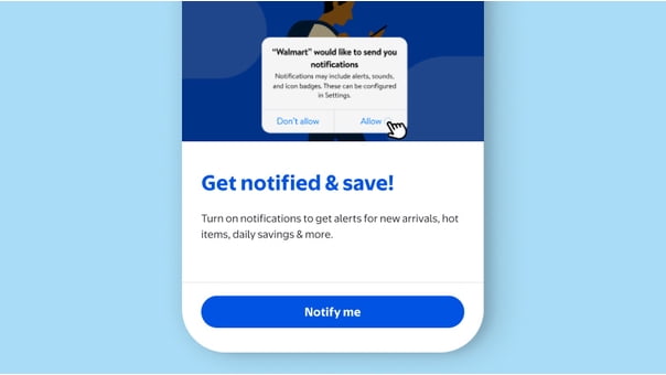 Walmart notification popup with options Dont allow and Allow above text Get notified and save and a blue Notify me button.