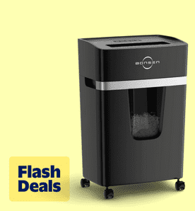 Image shows a black Bonsen S3116 paper shredder with a pullout bin on a light yellow background.