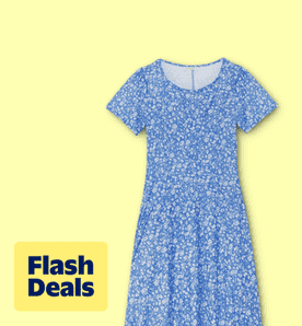 Flash deals. Image shows a blue floral Fantaslook summer dress with short sleeves and a pleated design, set against a yellow background.