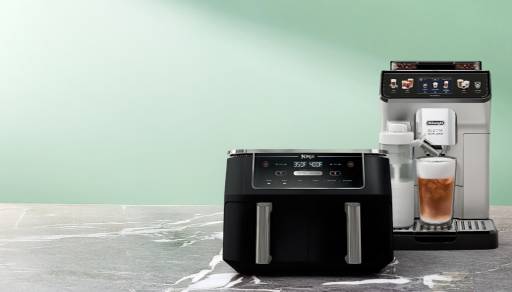 A sleek double barrel air fryer and a coffee machine.