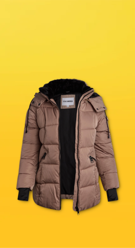 Image shows a long brown Steve Madden quilted parka coat with faux fur lining displayed on a yellow background.