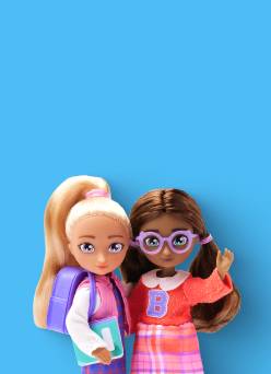 Two different dolls shown next to each other with a backpack and books for school.