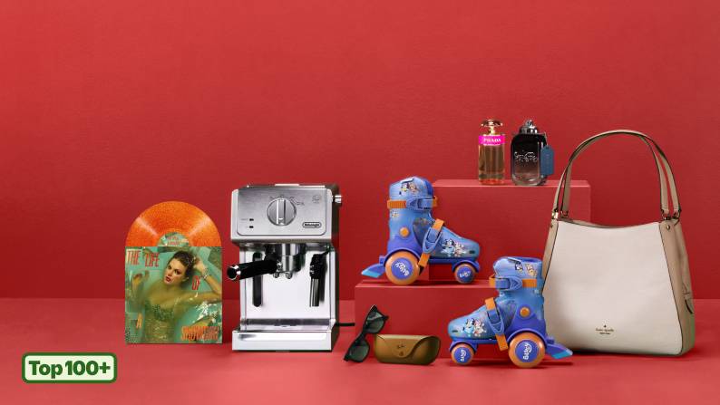 An image of a Taylor Swift vinyl, a coffee maker, sunglasses, Bluey roller skates, kate spade new york handbag, Prada perfume and Coach cologne.