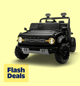 Image shows a black iYofe licensed Ford Bronco Raptor powered ride-on truck for kids on a light yellow background.