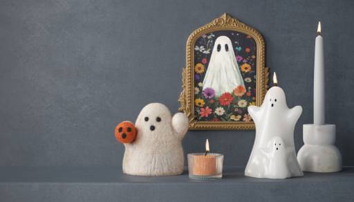 Image of ghost decor, including a figurine, candles and a print on the wall.