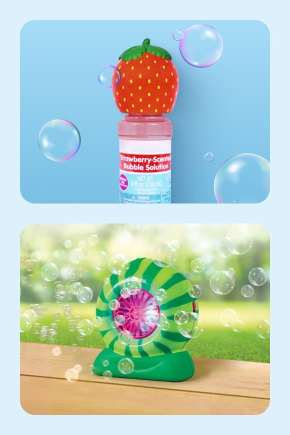 Image shows a strawberry-shaped bottle of bubble blowing solution.