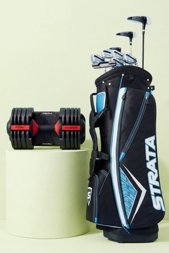 Adjustable weight set and golf bag with clubs.