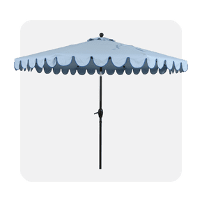Image shows a light blue scallop-edged round patio umbrella by Better Homes & Gardens on a light gray background.