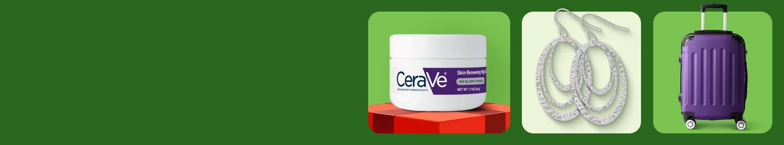 Cerave skincare, earrings and purple luggage.