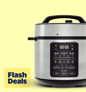 Image shows a stainless steel EDX 6-quart electric pressure cooker with multiple functions on a yellow background.