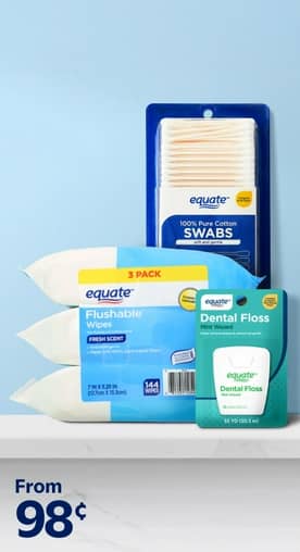 Image shows a variety of Equate products—including a protein shake, flushable wipes, dental floss and cotton swabs. From ninety-eight cents.