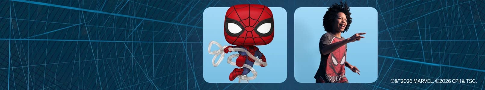 Spider-Man Funko Pop figure next to a young boy wearing a black and red Spider-Man T-shirt and making Spidey hand gestures.
