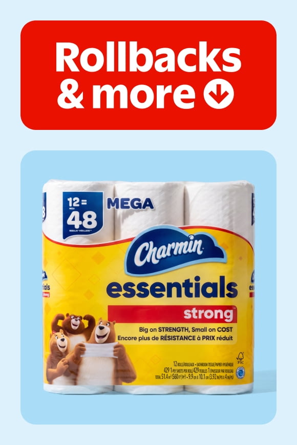 Rollbacks and more badge above Charmin Essentials Strong toilet paper mega rolls pack with twelve equals forty eight text and bear characters.