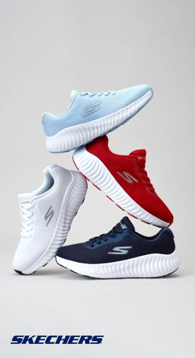 Skechers logo. A light blue sneaker, a red sneaker, a white sneaker and a navy sneaker are stacked on top of one another.