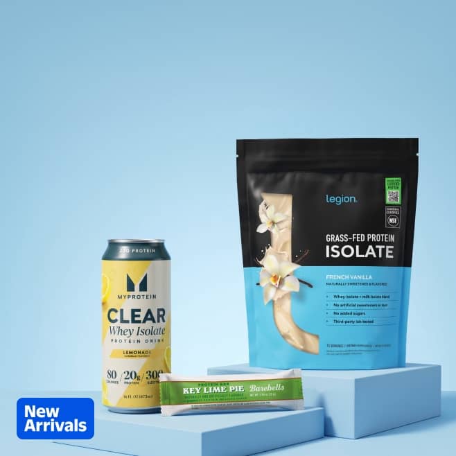 MyProtein Whey Isolate protein drink, Barebells key lime pie protein bar, and Legion grass-fed protein isolate.