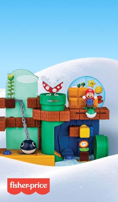 Fisher Price Super Mario playset with Mario, chain chomp, piranha plant and colorful pipes and blocks.