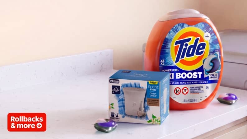 Rollbacks and more badge. Tide Boost laundry detergent and Glade Sprint Flow Clean Linen products on a light countertop.