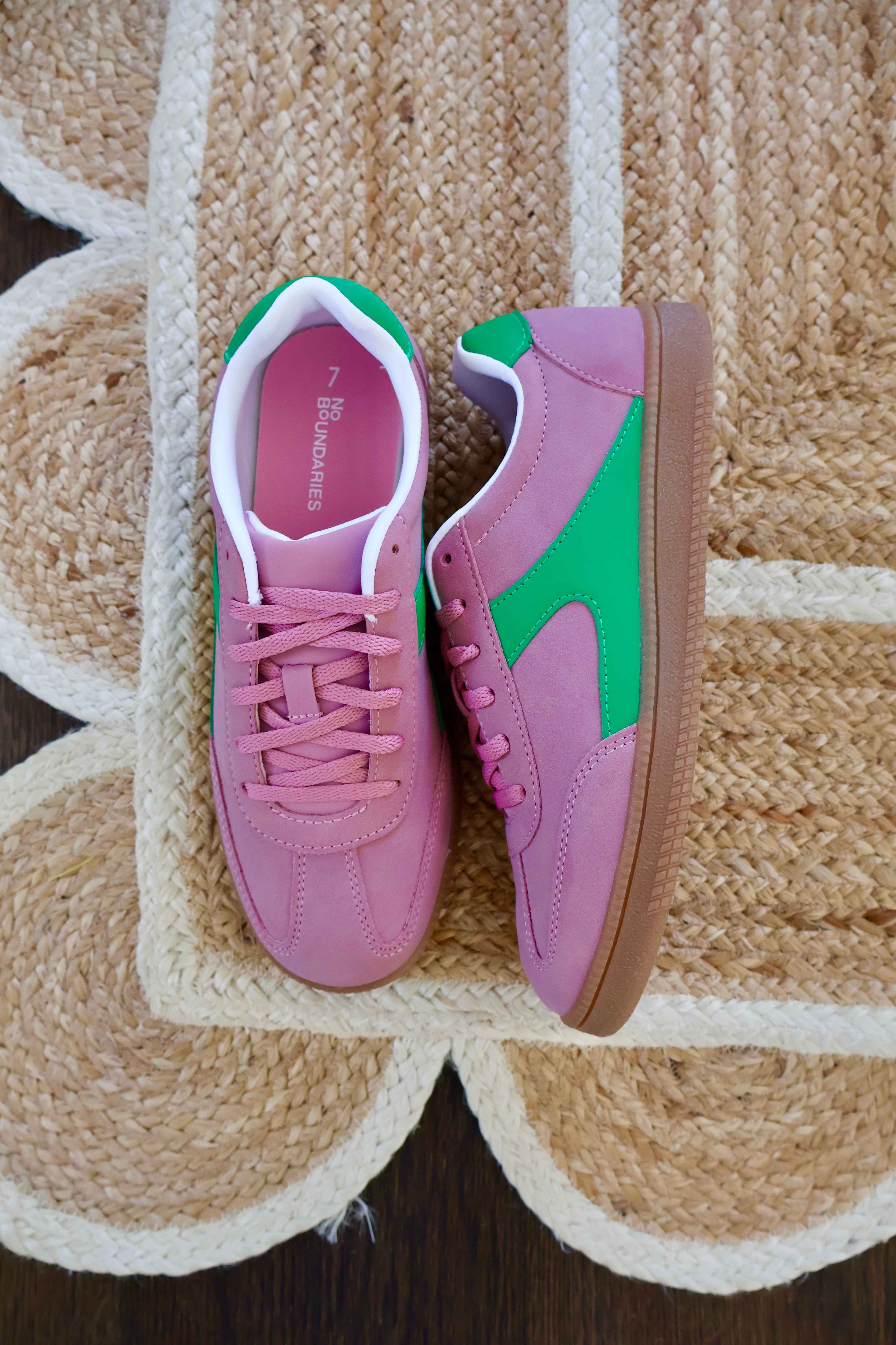 Pink and green sneakers that run true to size! Perfect to wear with dresses and jeans. They are super comfortable thanks to memory foam. , Shop post, 
