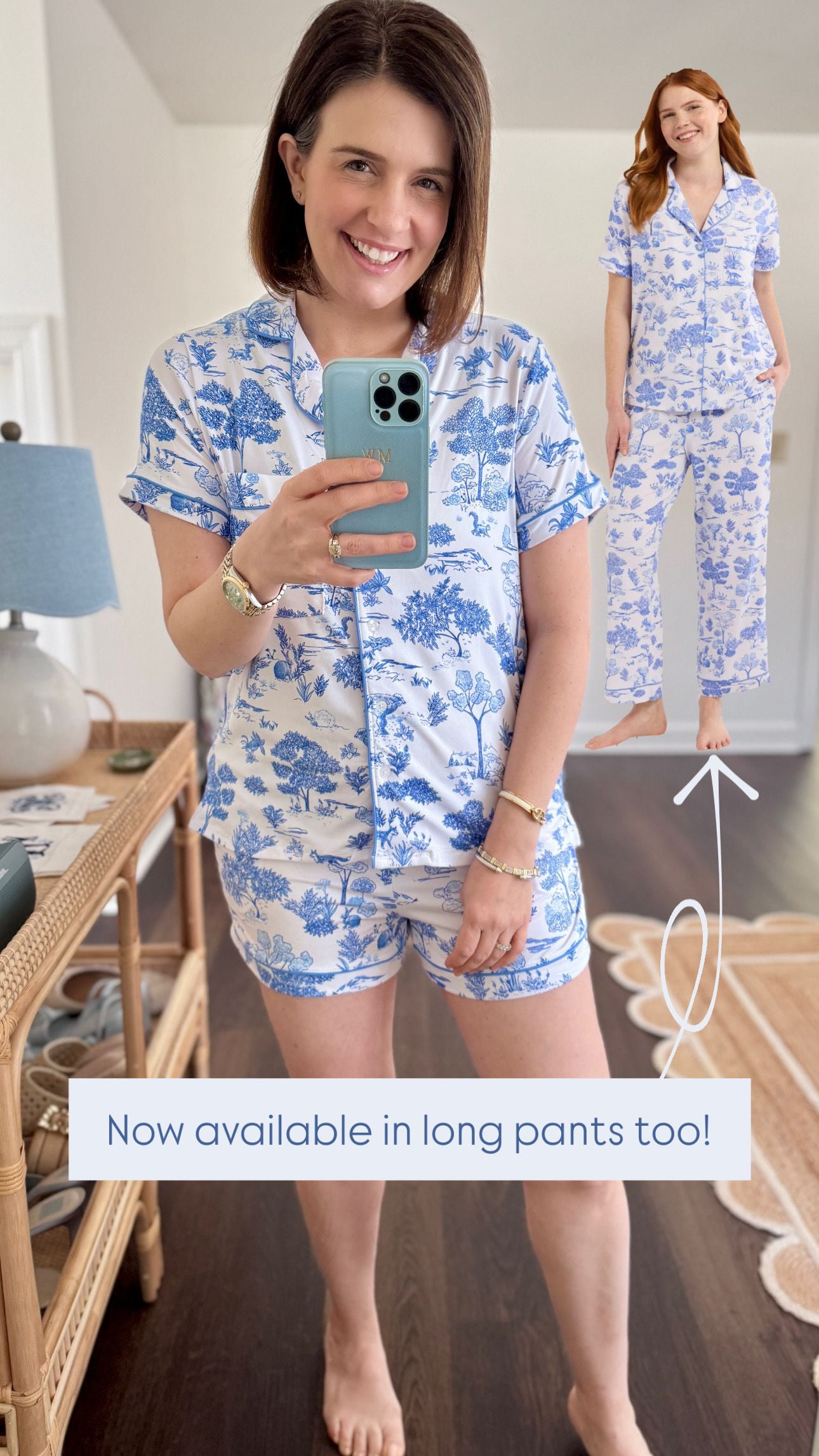 The cutest blue and white pjs! The material is super soft and stretchy. Available in shorts and pants. Runs true to size. , Shop post, 