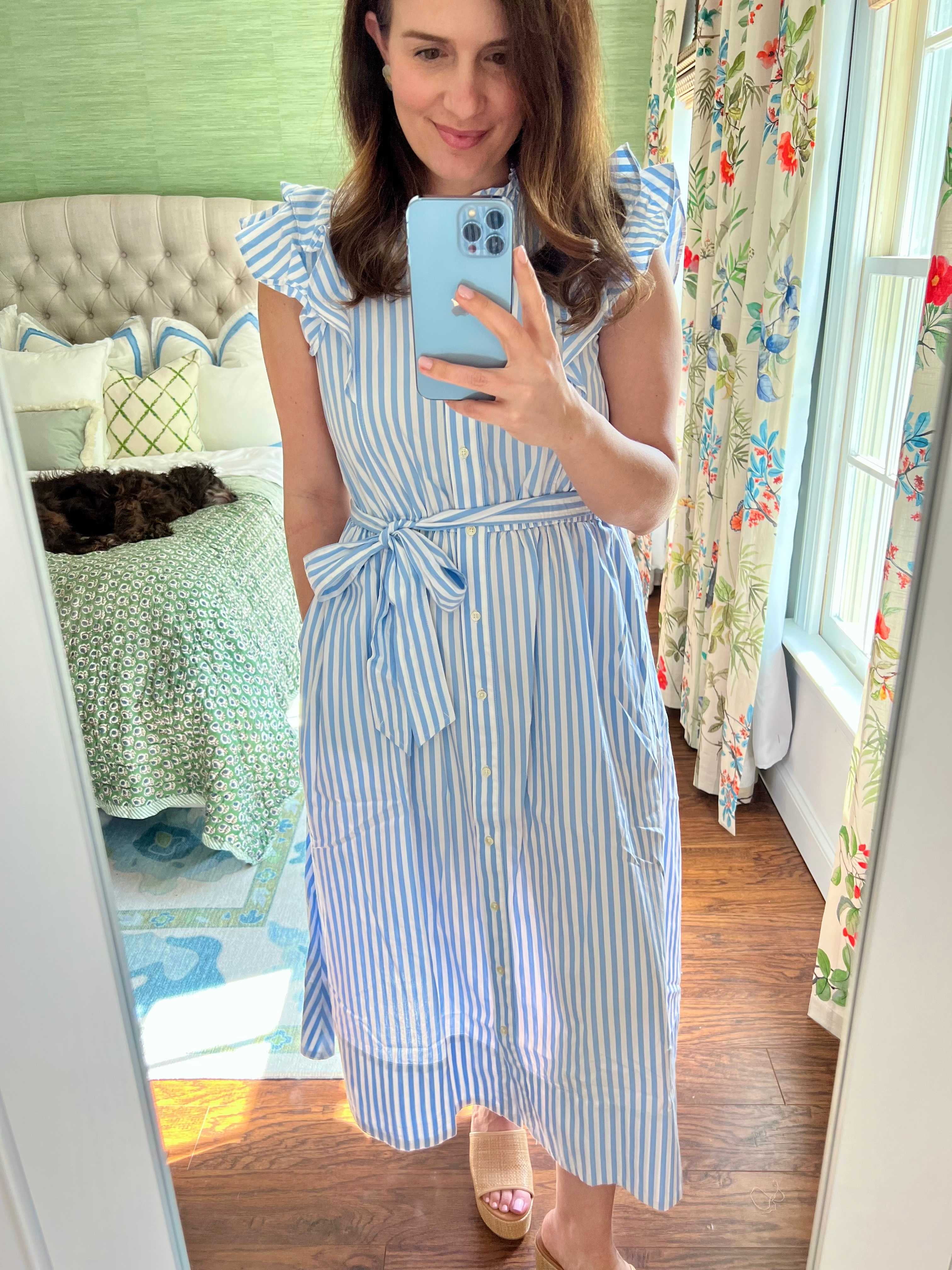 Classic and flattering blue and white dress. So happy they brought this one back! Runs true to size. , Shop post, 