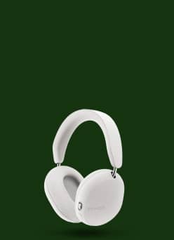 Sonos white over ear wireless headphones on a plain background.