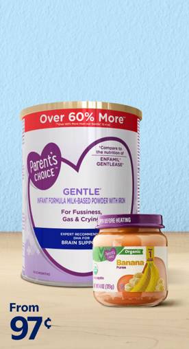 Image shows a container of Parent's Choice baby formula and a jar of banana puree. From ninety-seven cents.