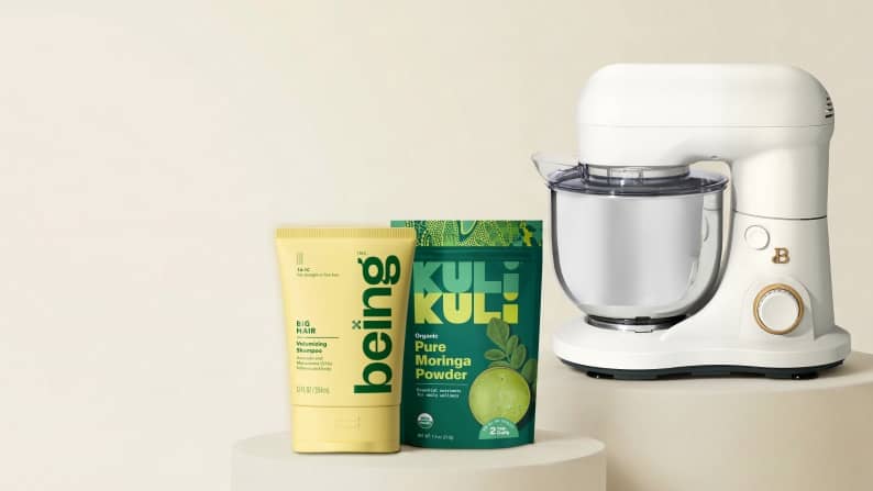 Beautiful by Drew Barrymore stand mixer, Kuli Kuli Pure Moringa Powder and Being volumizing shampoo.