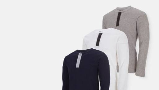A trio of long sleeve thermal tops in versatile neutral tones.