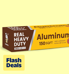Flash deals. Image shows a silver Katbite aluminum foil roll with a serrated cutter on a light yellow background.