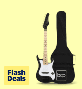 Image shows Best Choice Products Walmart Exclusive 30in Kids Electric Guitar Beginner Starter Kit w/ 5W Amplifier, Strap, Case - Walmart Black