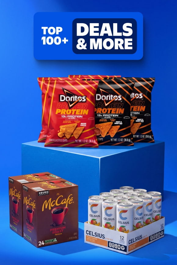 Top one hundred plus deals and more badge above Doritos protein chips, McCafe coffee pods and Celsius energy drink cans.