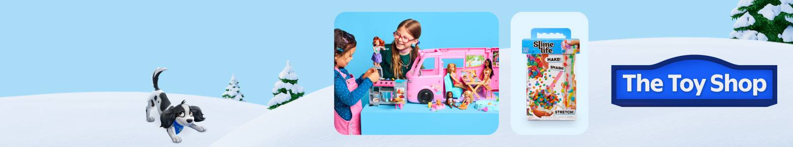 Badge that reads The Toy Shop. Girls playing with Barbie camper set next to Slime Life toy shown on snowy background with Lil’ Roy dog illustration.