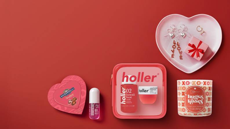 Candle, earrings, Holler gift set, Ghiradelli chocolate and fragrance.