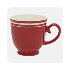 Image shows a small red ceramic mug with white stripes on a light gray background.