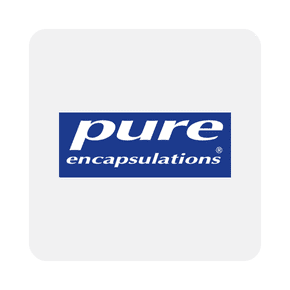 Image shows Pure Encapsulations logo on a white background, featuring the brand name in white text inside a blue rectangle.