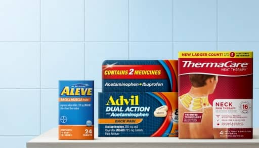 Aleve and Advil pain meds are shown alongside ThermaCare‘s heat therapy patches.