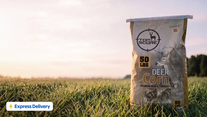 Top Score Deer Corn fifty lbs bag in grass with deer and turkey art, with Express Delivery badge.