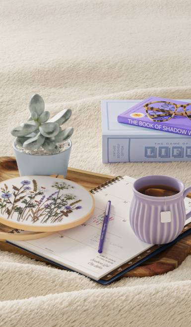 Two books, plant, journal, mug.