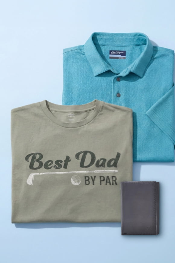A blue polo shirt, a “Best Dad” t shirt, wallet.