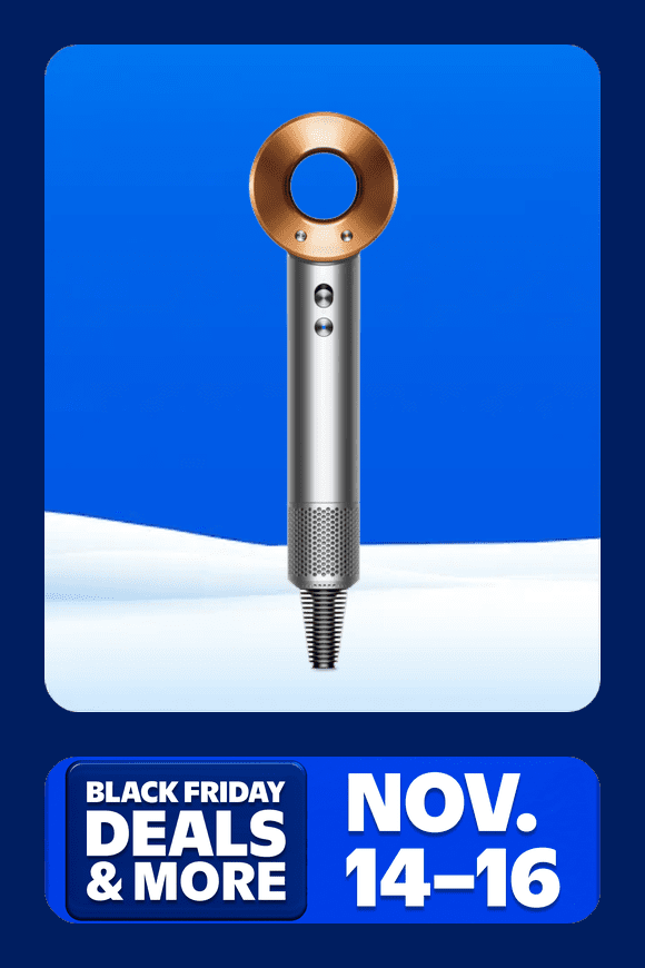 Image shows a refurbished nickel and copper Dyson Supersonic hair dryer on a blue and white background.